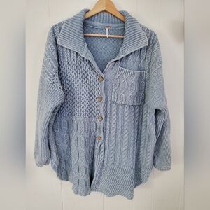Free people blue patchwork cable knit cardigan